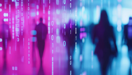 Silhouettes of people walking in a digital tunnel with binary code and glowing pink and blue light, symbolizing technology and connectivity