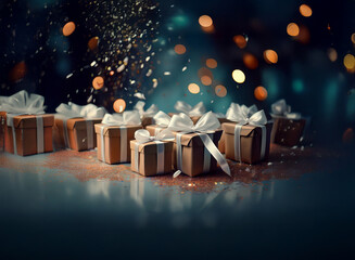 Poster - Magical scene of numerous small, brown gifts adorned with white ribbons, scattered on a shimmering surface.  Golden sparkles rain down, creating a festive, enchanting atmosphere.