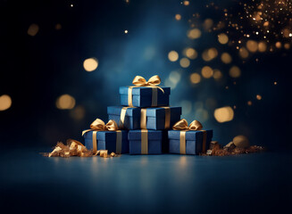 Poster - A stack of navy blue gifts with gold ribbons sits on a dark blue surface, surrounded by bokeh lights and gold accents.  The scene evokes a luxurious and festive atmosphere.
