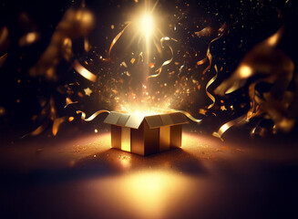 Aufkleber - A golden gift box bursts open, releasing a magical glow, golden confetti, and shimmering ribbons in a dark setting.  The scene evokes wonder and celebration.