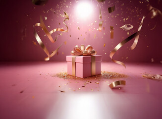 Poster - A pink gift box with a gold ribbon sits amidst falling confetti and ribbons on a pink background.  The scene is brightly lit, suggesting celebration and excitement.
