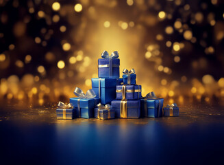 Poster - A pile of navy blue gifts with gold ribbons sits on a reflective surface,  illuminated by a warm, golden bokeh background.  It evokes feelings of celebration and generosity.