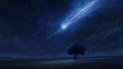 Wall Mural - a captivating meteor shower illuminates the night sky above a lone tree in a serene landscape, evoki