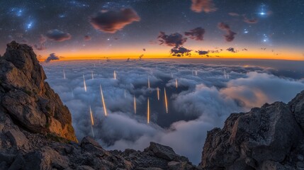 Wall Mural - Breathtaking Meteor Shower Over Mountain Summit at Dusk, Captured from Elevated Viewpoint, Showcasing Bright Meteors Illuminating Cloudy Sky