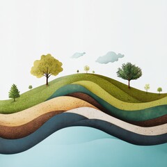 Poster - Abstract illustration of rolling hills and waves in pastel colors creating a serene landscape with trees and grassy areas