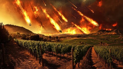 Wall Mural - dramatic meteor shower illuminates the sky above a picturesque vineyard landscape, creating a stunni