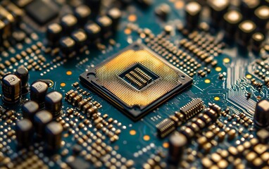 Poster - Close-up of CPU chip on circuit board, electronics background