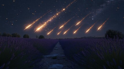 Sticker - serene landscape under illuminating meteors in the night sky with lavender fields creating a dreamy 