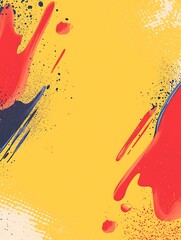 Poster - Red, blue paint splatters on yellow backdrop for vibrant backgrounds