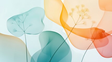 Poster - Abstract Floral Background with Soft Fluid Colors in Aquamarine and Orange Shades Featuring Delicate Silhouettes of Plants