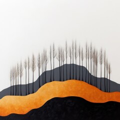 Poster - Abstract landscape with minimalistic trees, flowing shapes, and contrasting colors in black, orange, and white for artistic backgrounds