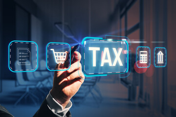 Poster - Digital tax interface with business icons and man interacting on futuristic screen in modern office background.