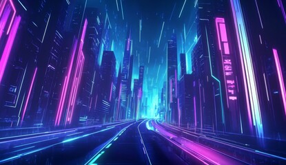 Poster - Futuristic digital landscape, glowing blue and purple lines, dark backdrop, AI technology theme, high-speed road ambiance, vibrant neon rays