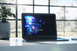 © Who is Danny - Laptop displaying programming code on screen placed on desk with modern decor in bright office environment. 3D Rendering