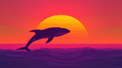 Aufkleber - Silhouette of a whale breaching against a vibrant sunset over the ocean waves. Generative AI
