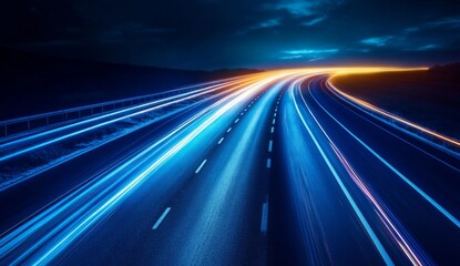 Poster - Futuristic AI Landscape, vibrant blue and purple lines illuminate a dark scene, evoking speed and technology in a digital abstract design.