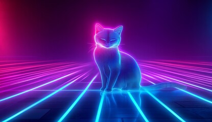 Poster - Futuristic Digital Abstract, vibrant blue and purple neon lines, glowing light streaks on dark floor, immersive technology concept.