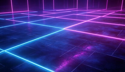 Poster - Futuristic Neon Lines on Dark Floor, vibrant blue and purple light stripes, digital technology theme, immersive abstract tech backdrop