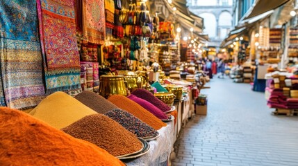 Colorful spices at vibrant Turkish market, shoppers stroll, historic architecture backdrop; ideal for travel, food blogs