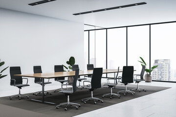 Poster - Modern boardroom interior with sleek furniture and large windows overlooking a city view. 3D Rendering