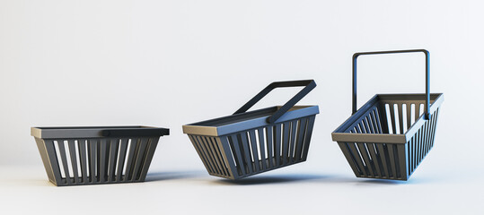 Poster - Three different shopping baskets in a modern minimalistic design on a neutral gradient background. 3D Rendering