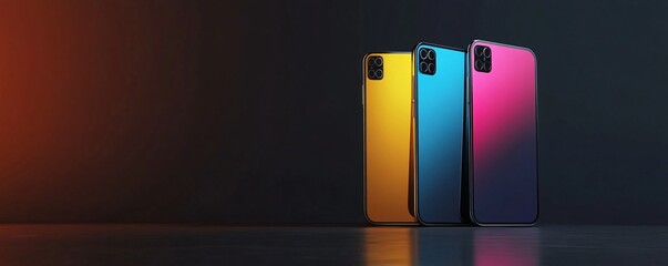 Aufkleber - Three colorful smartphones standing on reflective surface with dramatic lighting