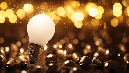 a brilliant white bulb illuminates a field of scattered metallic bulbs on a dark surface