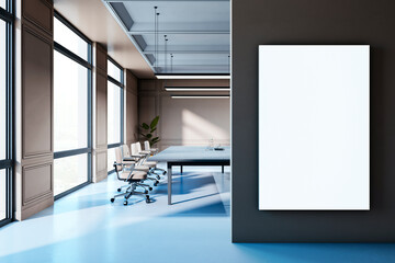 Poster - Modern boardroom interior with blank white canvas on dark wall, spacious meeting area with chairs, table, and windows. 3D Rendering