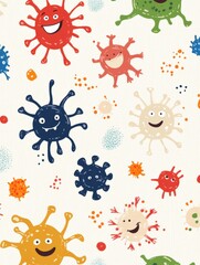 Aufkleber - Cartoon microbes with smiles in a playful pattern on a light background. Generative AI