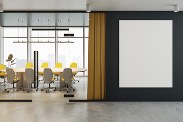 Wall Mural - Modern conference room with yellow chairs, large glass windows, and white blank canvas on a dark wall. 3D Rendering