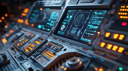 Futuristic spaceship control panel with digital displays and interface.