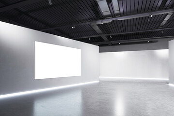 Poster - Modern gallery interior with blank wall for art display, featuring minimalist design and clean lighting. 3D Rendering