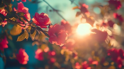 Canvas Print - Close-up of pink flowers blooming on a branch at sunset.