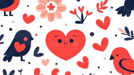 Poster - whimsical birds and heart patterns colorful background digital art playful design graphic illustrati