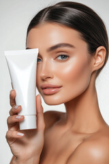 Wall Mural - beautiful beauty female woman's model hand holding white empty blank mockup skincare cream tube temp