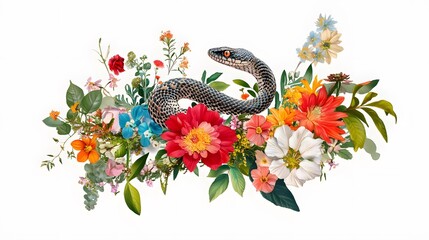 Wall Mural - Vibrant Floral Arrangement with Serpent on White Background Creating a Unique Nature Composition