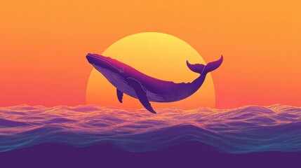 Poster - Whale breaches against vibrant sunset sky over tranquil ocean waves. Generative AI