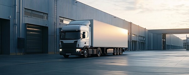 Poster - White semi-truck leaving warehouse at sunset: global shipping and logistics