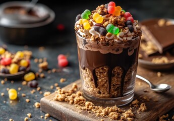 Poster - Decadent Chocolate Parfait with Colorful Candy Toppings and Crunchy Crumble for Delightful Dessert Indulgence on a Rustic Wooden Board