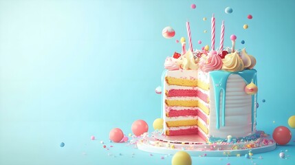 Wall Mural -  Colorful layered cake with dripping icing, candles, and sprinkles on a pastel blue background