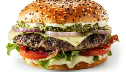 Sticker - A juicy beef burger with melted cheese, bacon, lettuce, tomato, red onion and pesto sauce on a sesame seed bun.