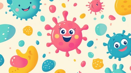 Aufkleber - Smiling cartoon microbes with colorful designs and cheerful expressions in a playful arrangement on a light background. Generative AI