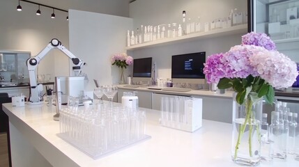 Poster - A clean, high-tech biotech lab with digital monitors, robotic arms, and bright glassware for innovative experiments.
