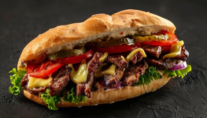 Sticker - A close-up of a delicious cheesesteak sub sandwich with grilled steak, melted cheese, lettuce, tomato, onion, and pickles on a toasted hoagie roll.