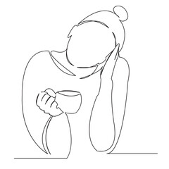 Wall Mural - One continuous single drawing line art flat doodle cup, female, drink, beautiful, girl, coffee, tea, hot, beverage, cafe. Isolated image hand draw contour on a white background
