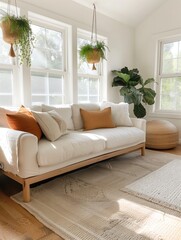 Wall Mural - Bohemian living room with a woven rug, rattan furniture, and an eclectic mix of colorful throw pillows and hanging plants.