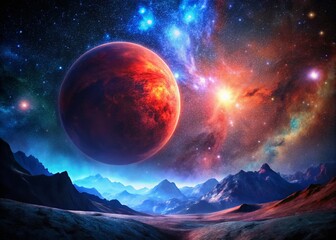 silhouette of cosmic mountains against vibrant red planet and starry nebula background.
