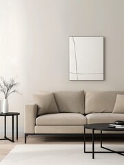 Poster - Minimalist living room interior design with a low-profile beige sofa, black metal side tables, and abstract monochrome artwork on the wall.