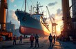 © Maryna - Big ship under construction at shipyard. Workers in uniform observe large vessel. Industrial setting at sunrise. Construction site with heavy machinery. Shipbuilding industry scene. Nautical scene