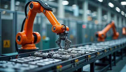 Poster - Orange industrial robot arm manipulates parts on modern assembly line. Automated manufacturing process in factory setting. Precision movements for high tech production. Robotics, automation in